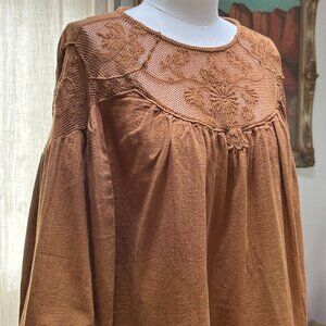 Brown Embroidered Lace Yoke Peasant Blouse Cotton Boho Folk Anthropology women L